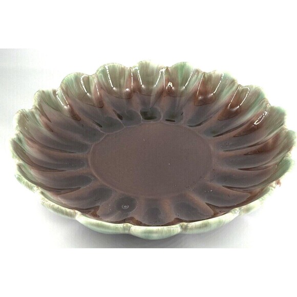Vintage Royal Haeger Pottery Green & Brown Console Shallow Scalloped Bowl 13" - Picture 2 of 5